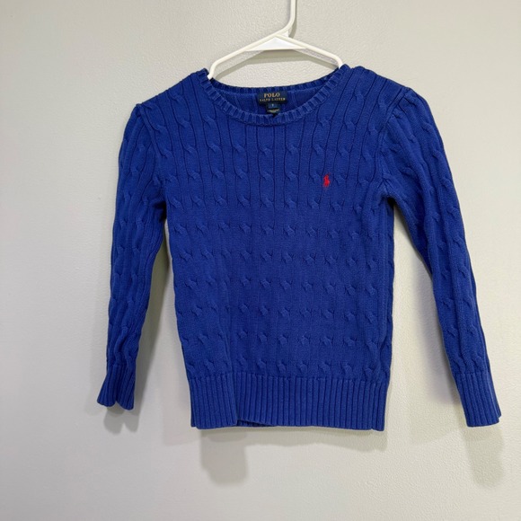 Polo Ralph Lauren Blue Cable Knit Cotton Sweater Kids Size 7 flaw on collar - Picture 1 of 5